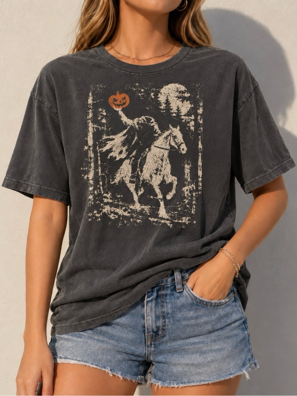 Charcoal Headless Horseman Spooky Fall Aesthetic Womens Graphic Reprint Tee